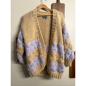 Anthropologie Cream Purple Clouds Style Chunky Texture Striped Cardigan Large